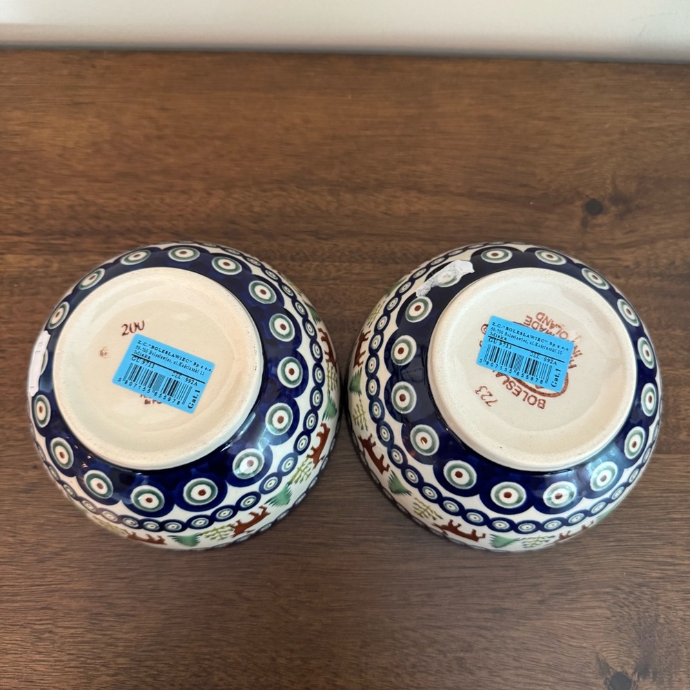 NWT Blue Rose Polish Pottery Reindeer Pine Cereal/Soup Bowl 2 Pcs - Picture 3 of 8